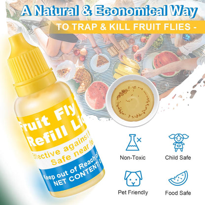 Qualirey Fruit Fly Trap for Indoor and Kitchen Use, 0.68 oz Each Bottle Fruit Fly Trap Refill Liquid, Ready to Use, Safe Near Food, Efficient Lure Refill Liquid, Yellow(12 Pack)
