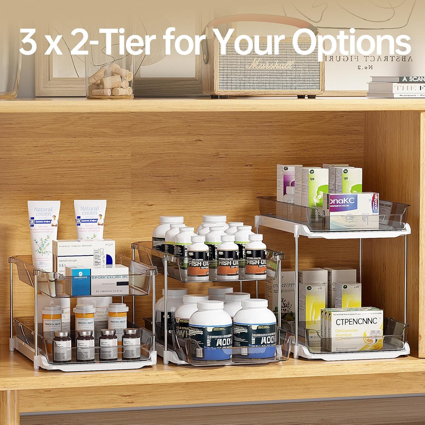 Delamu 2 Sets of 3-Tier Bathroom Under Sink Organizers and Storage, Multi-Purpose Stackable Pantry Organization and Storage, Pull Out Clear Kitchen Bathroom Cabinet Organizer with Movable Dividers | Storage