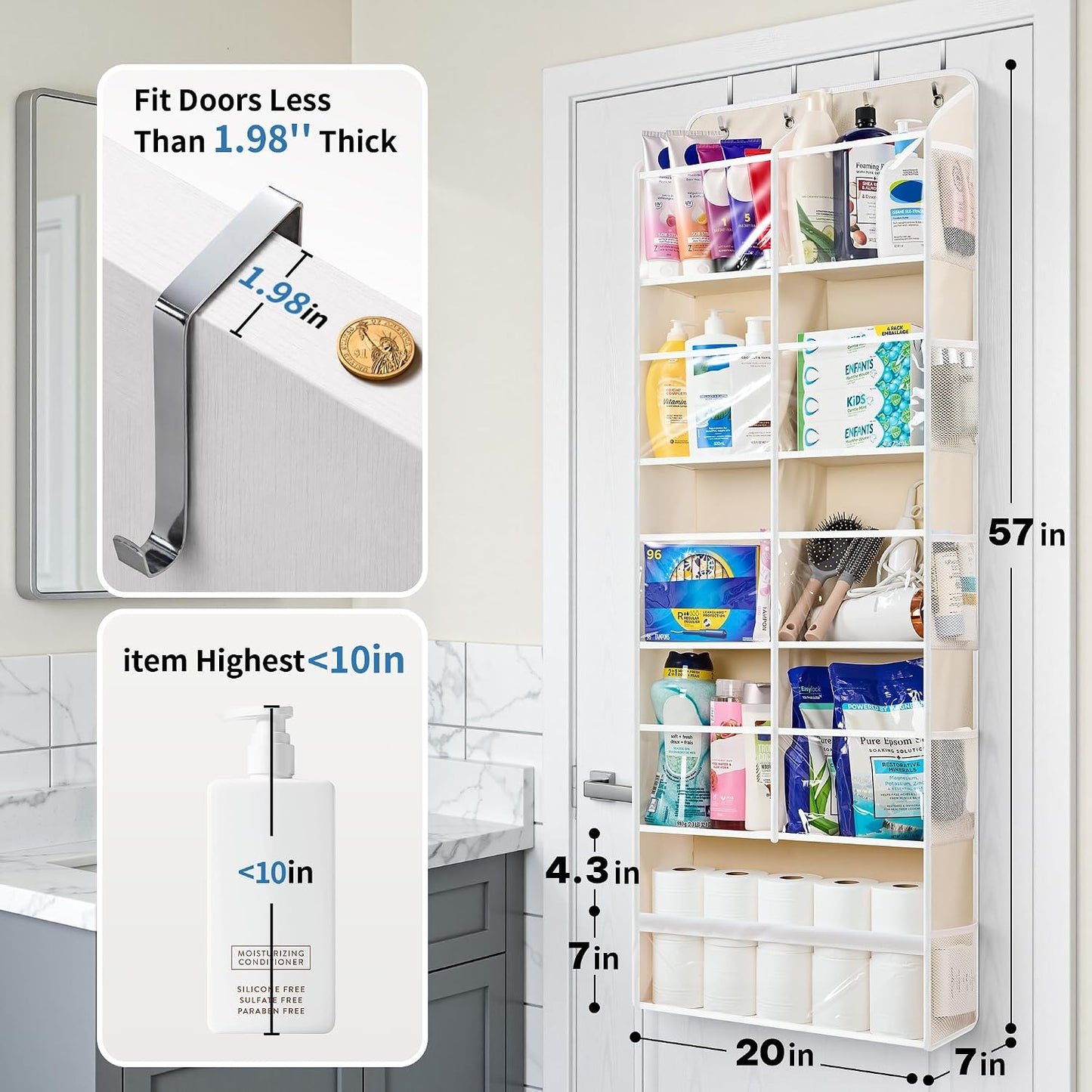 JARLINK 2 Pack Over the Door Organizer Storage, 5 Shelf Hanging Door Organizer with 5 Large Capacity Pockets, Anti Tilt 44 lb Load Behind Door Storage for Bedroom, Bathroom, Pantry, Nursery, (Grey)