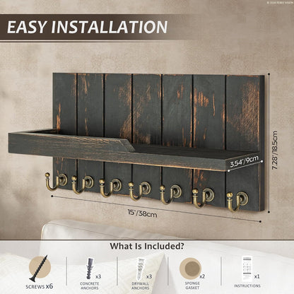 Rebee Vision Decorative Key Holder Wall Mount - Rustic Key Holder for Wall with Shelf and Mail Organizer for Living Room Decor - Home Essentials for Home Improvement (Brown, 3.54" x 10" x 7.28")