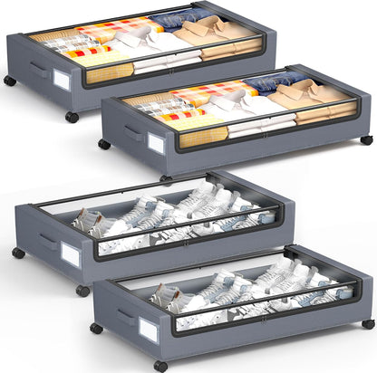 Under Bed Storage With Wheels, 2 Pack Square Containers, 60L Bins, Rolling Metal Drawer for Clothes, Blankets, Shoes