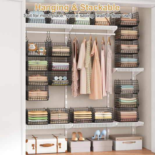 X-cosrack 6 Tier Closet Hanging Organizer, Clothes Hanging Shelves with 4 Hanging Hooks 5 S Hooks, Wire Storage Basket Bins, for Clothing Sweaters Shoes Handbags Clutches Accessories Patent