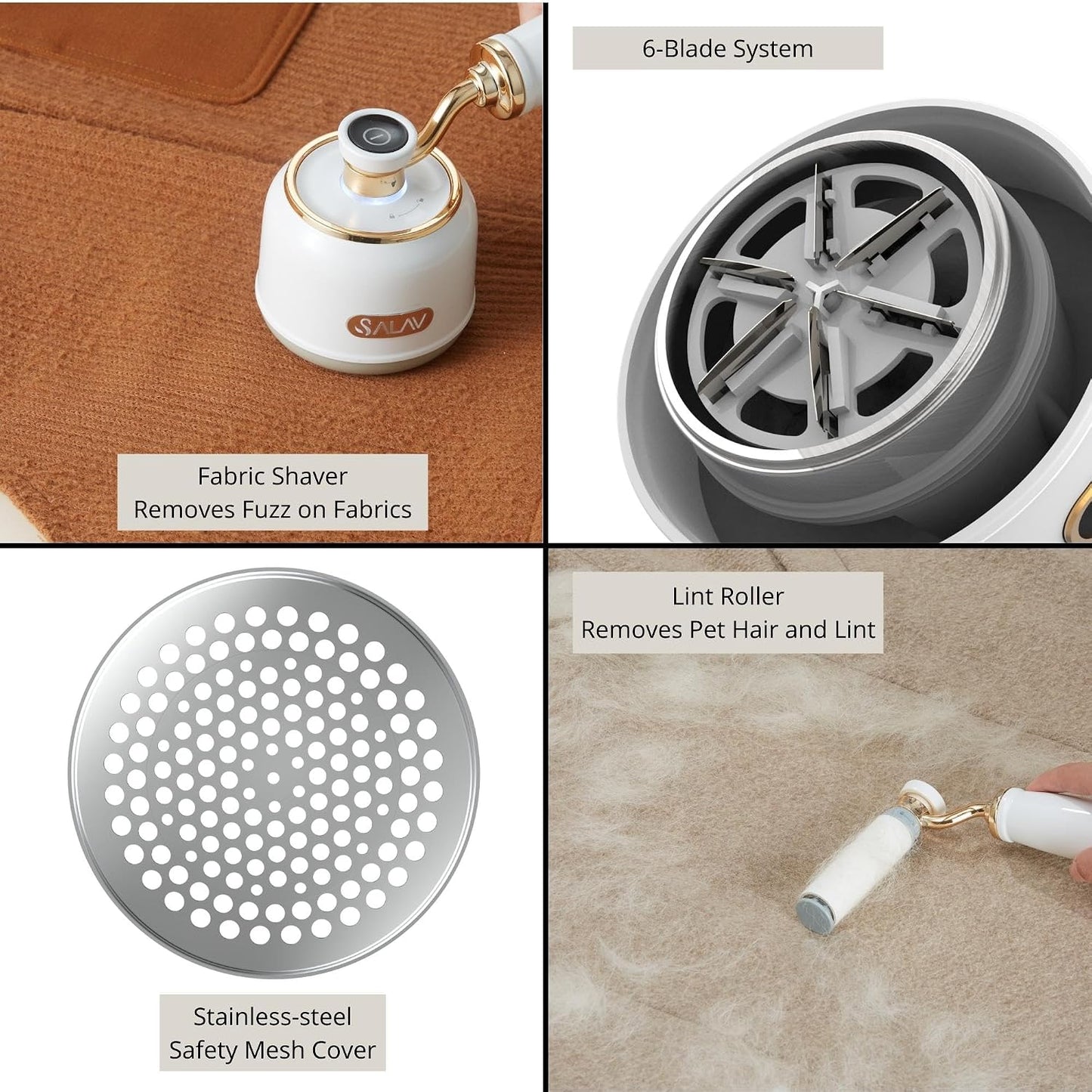 SALAV® Retro Edition 2-in-1 Rechargeable Fabric Shaver and Lint Roller, 6-Blade System, Removes Fuzz and Pilling on Fabrics, Includes Charging Cable (Rose)