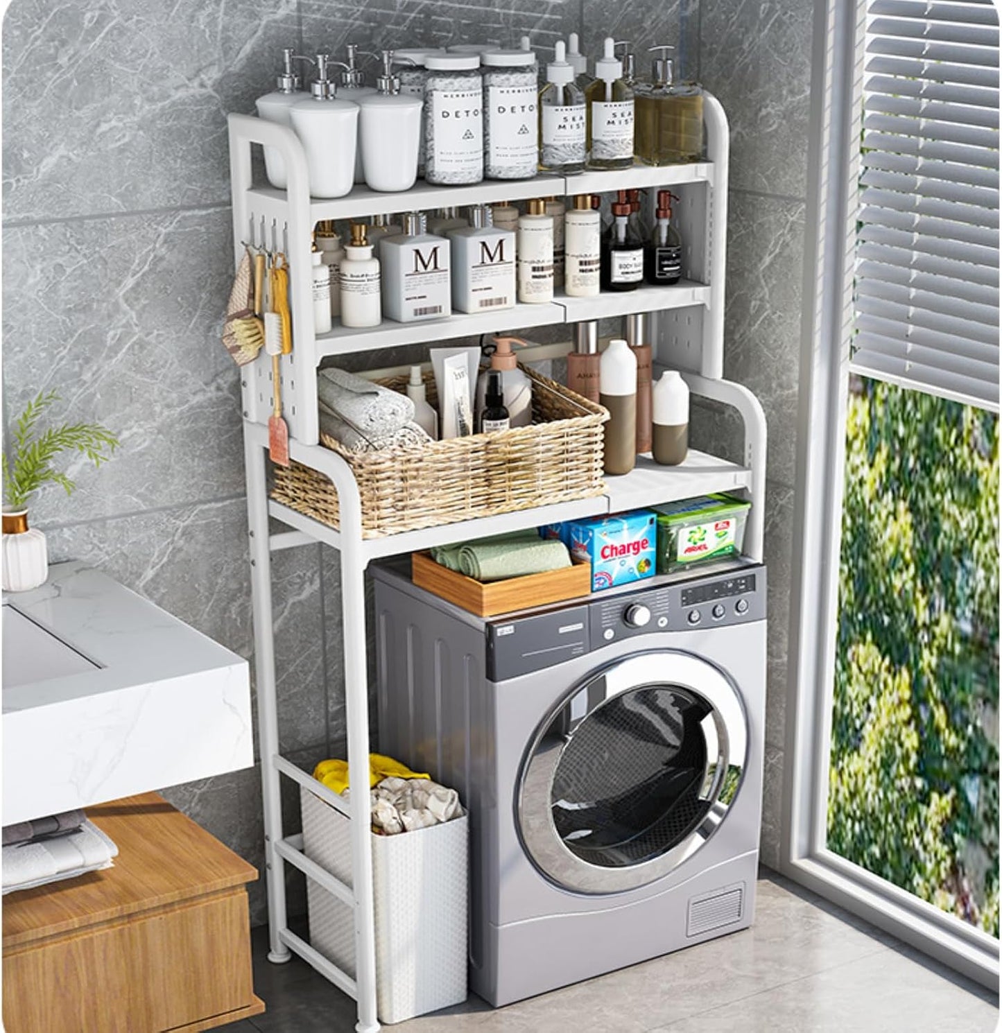 3-Tier Expandable Over Toilet Washing Machine Dryer Storage Utility Rack Bathroom Organizer Rack Laundry Room Storage and Organizer Standing Shelf Space Saving