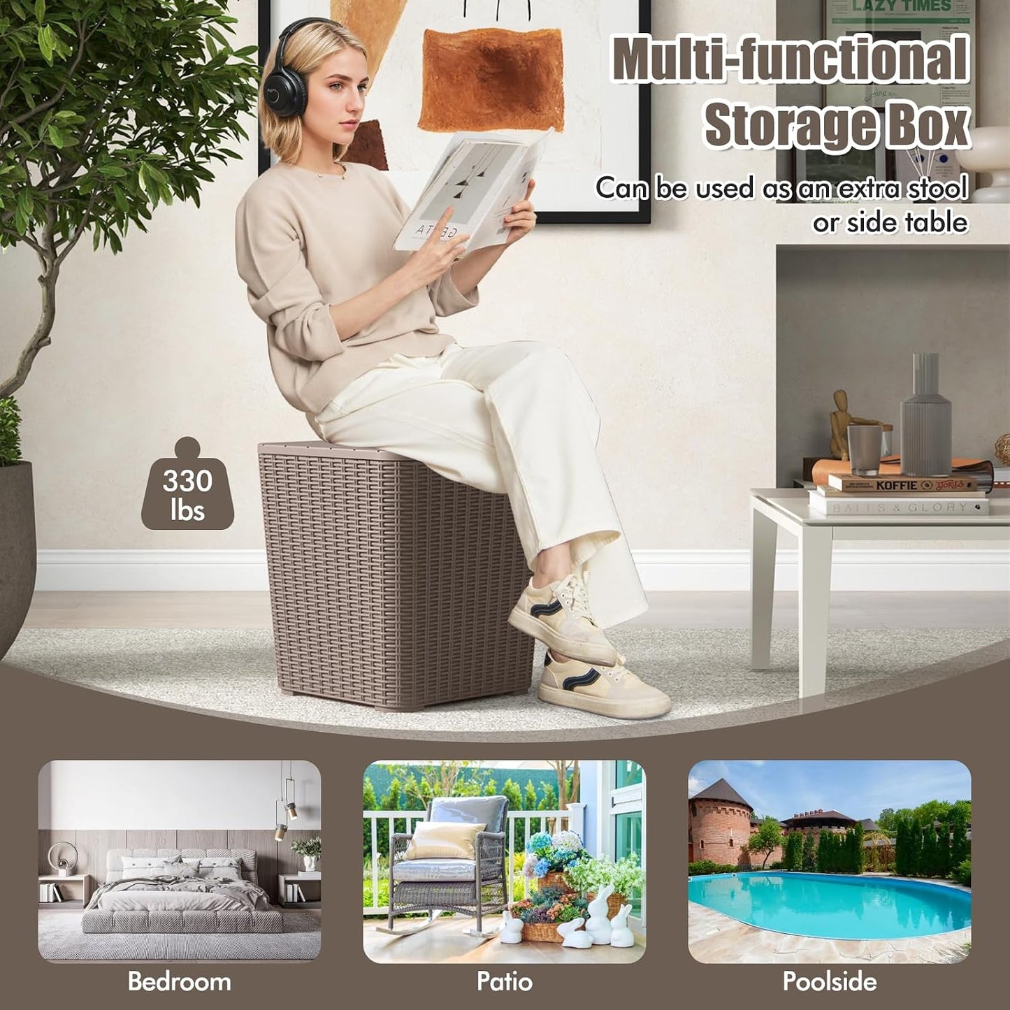Tangkula 11.5 Gallon Water-proof Deck Box, Outdoor Patio Storage Box w/Removable Lid &, Faux Rattan Storage Container Side Table, All Weather Patio Furniture Extra Seat for Poolside (Brown)