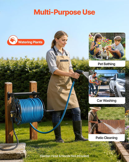 VEVOR Wall Mounted Garden Hose Reel, Holds 125 ft 5/8-inch Hose, Heavy-Duty Water Hose Winder, Space-Saving Design, Outdoor Manual Reel with Brass Fitting and Storage Basket for Yard Lawn