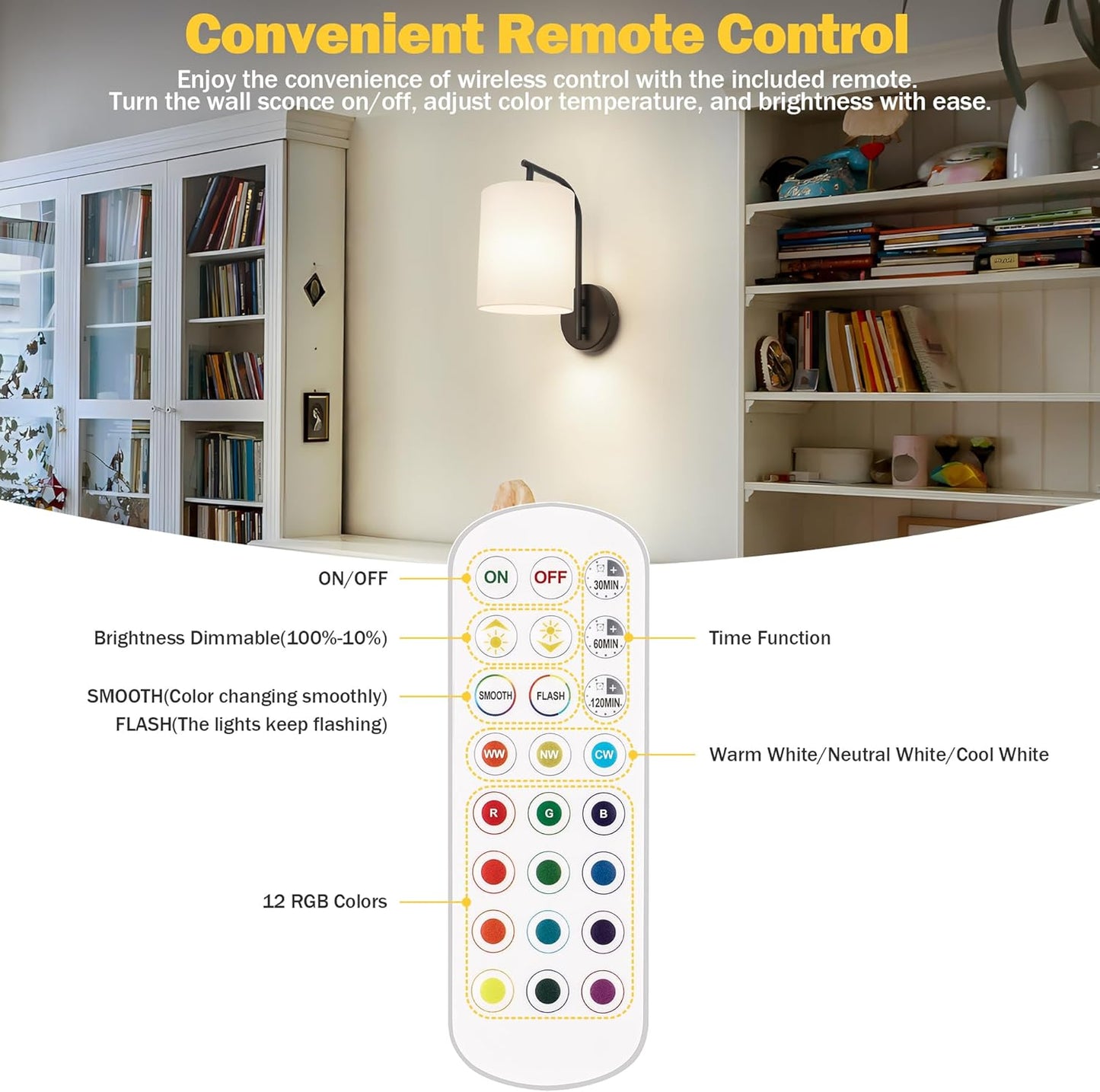 MATAMEYE Battery Operated Wall Sconce Set of 2, Black Rechargeable Wireless Wall Light Fixture with Remote, 12 RGB Colors & Timer, Indoor Dimmable Wall Lamp with Linen Shade