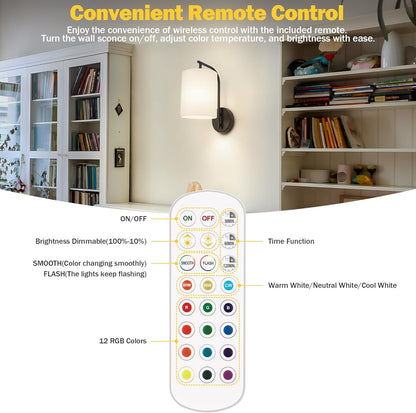 MATAMEYE Battery Operated Wall Sconce Set of 2, Black Rechargeable Wireless Wall Light Fixture with Remote, 12 RGB Colors & Timer, Indoor Dimmable Wall Lamp with Linen Shade