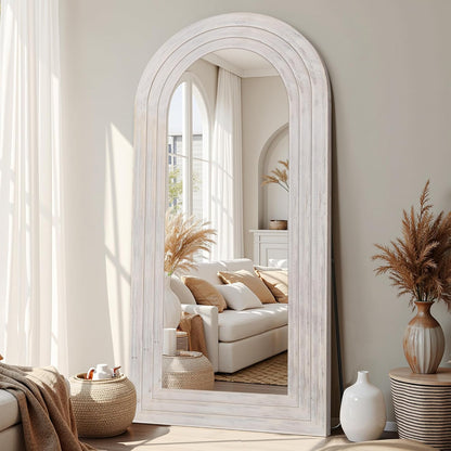 Antok Full Length Mirror with Solid Wood Frame, 71"×32" Wall Mounted Oversized Floor Mirror with Stand, Leaning Standing Hanging for Bedroom Living Room Entryway, Walnut, Arched Syle