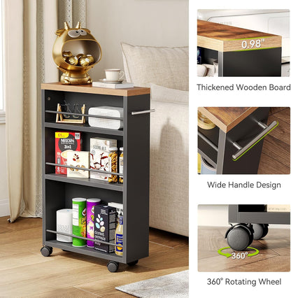 LITTLE TREE 4 Tier Rolling Cart with Wheels, 6.3 Inch Slim Storage Cart, Wooden Snack Cart with Narrow Shelf, White Laundry Room and Bathroom Organizer Shelves