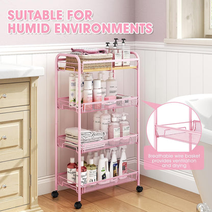 TOOLF 4-Tier Slim Rolling Cart, Metal Utility Cart, Slide Out Storage Cart with Wooden Tabletop and Mesh Baskets for Narrow Space on Kitchen Bathroom Laundry Room Bedroom Apartments Dormitory