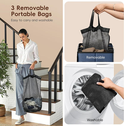 185L Laundry Hamper 3 Section, Laundry Hamper with Lid, Dirty Clothes Hamper with 3 Removable Washing Bags, Extra Large Laundry Basket Organizer for Bedroom, Laundry Room, Dorm - Black