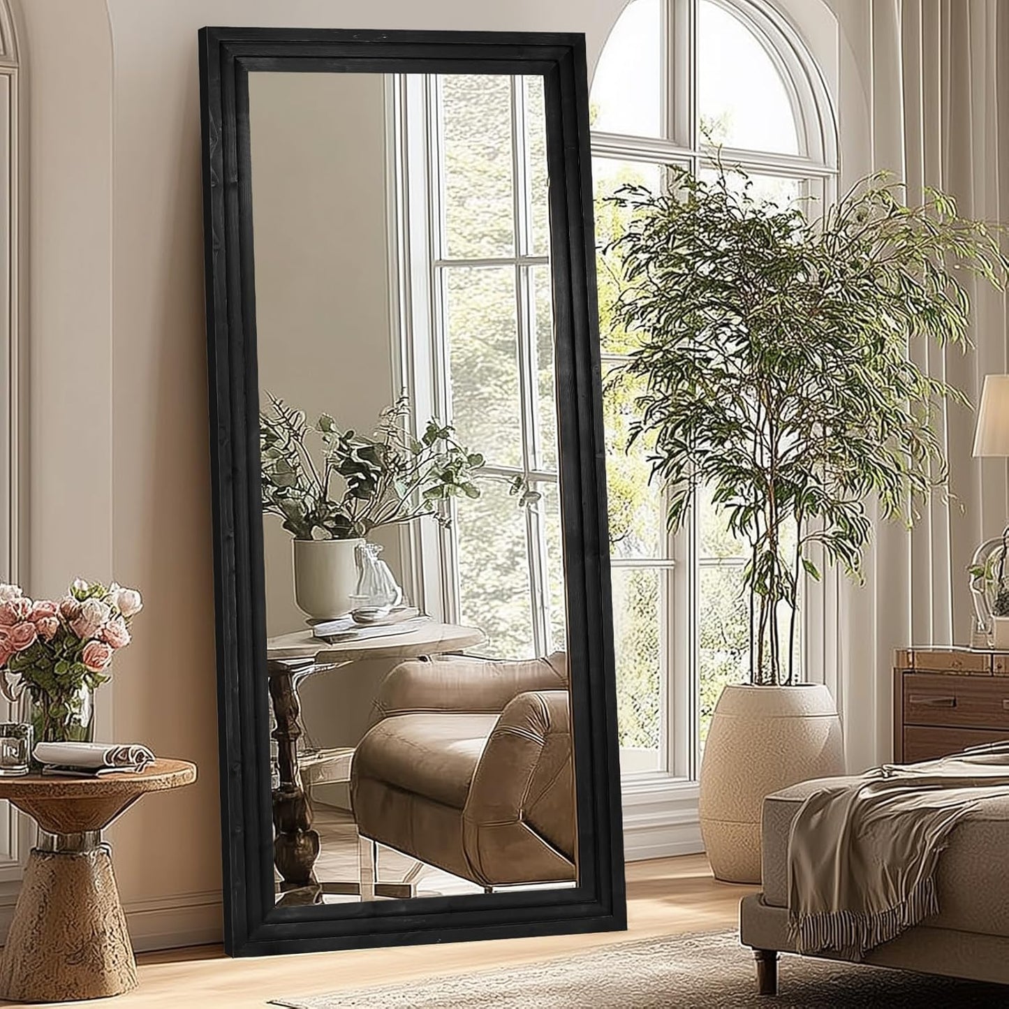 65"x22" Full Length Mirror Solid Wood Frame Floor Mirror with Stand for Living Room, Bedroom Hanging Standing or Leaning, Brown