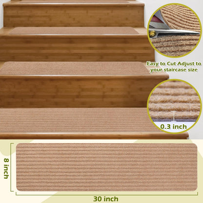 Stair Treads Non-Slip 16 Pack 8"x30" - Carpet Stair Runner for Indoor Wooden Steps with TPE Backing & Anti-Skid Surface, Reusable Adhesive Safety Rug for Kids/Elder/Pet-Friendly - Brown