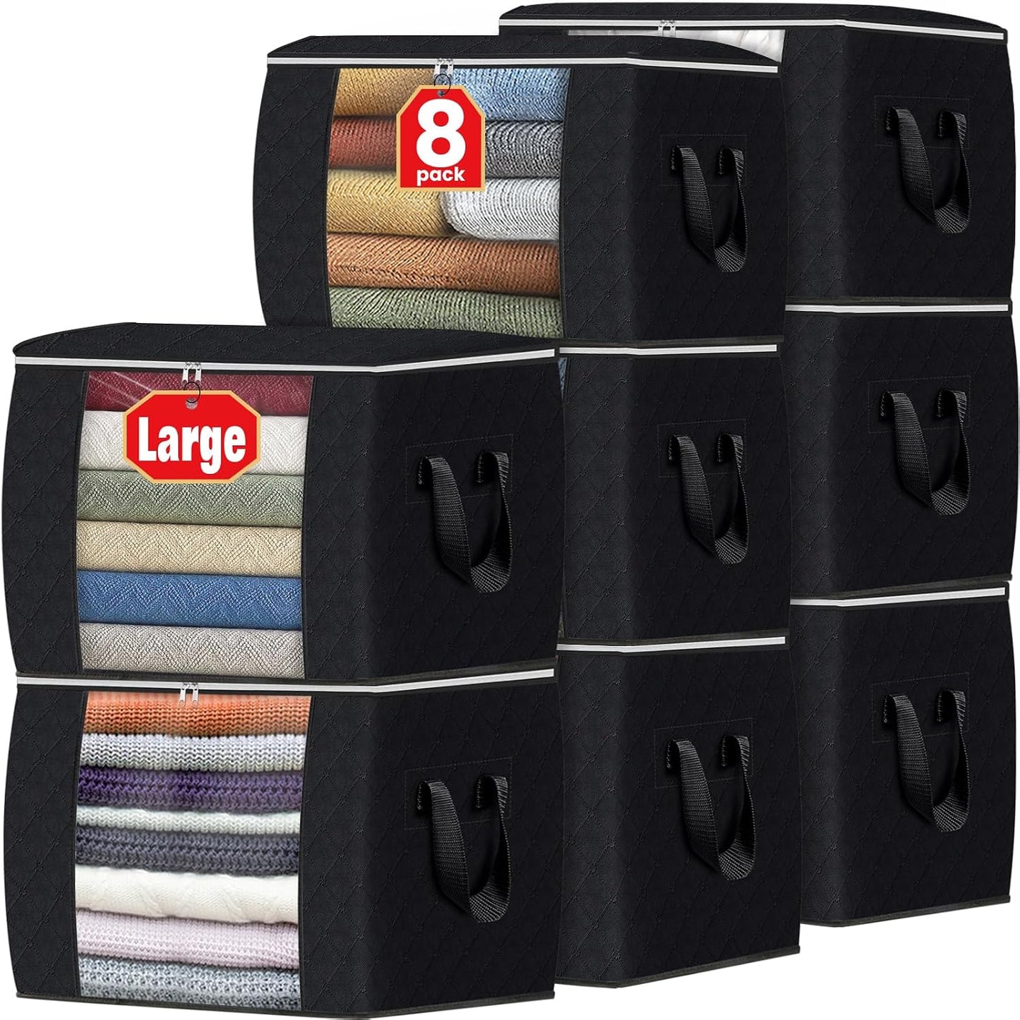 Fab totes 6 Pack Storage Bags for Clothes and Blanket, Foldable Closet Organizers and Storage with Zippers, Clear Window and Handles, Fabric Storage Bins for Sweater, Comforter, Bedding,Linen Sheets