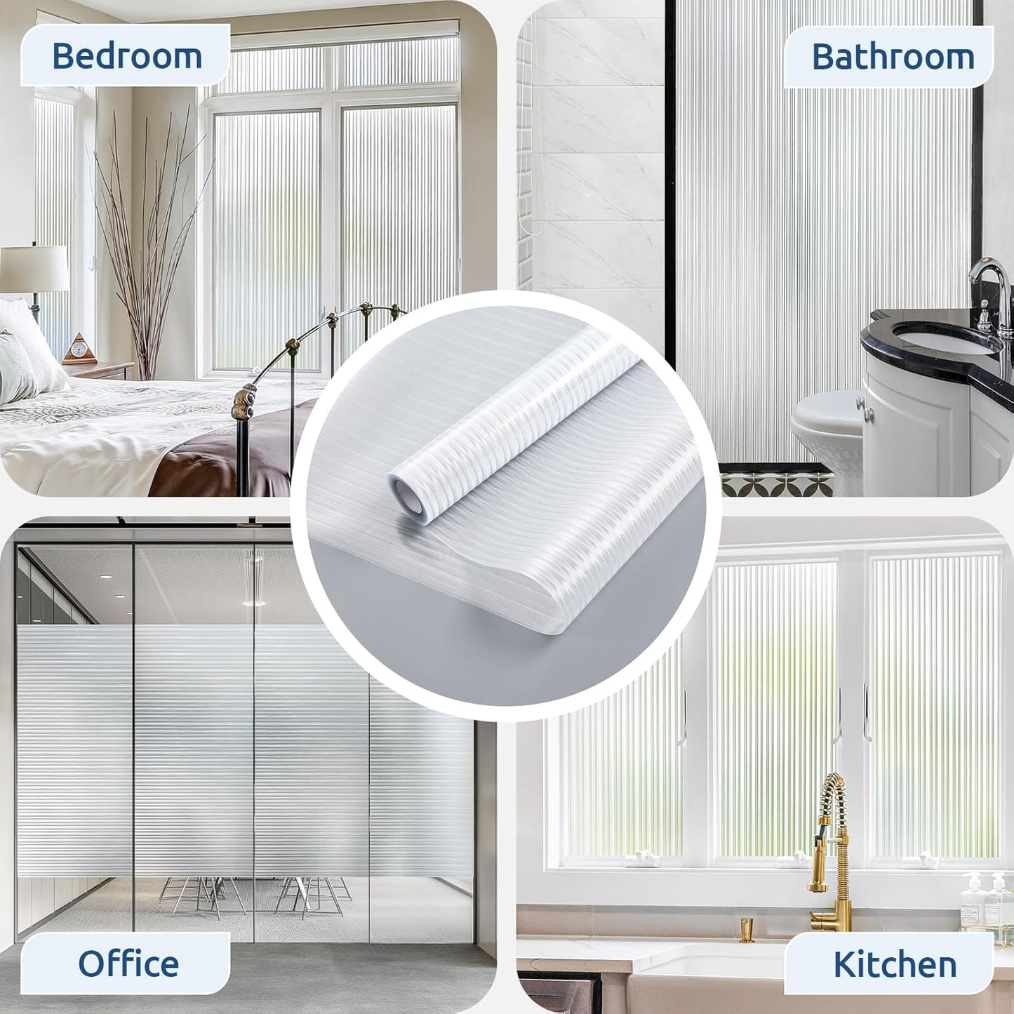 rabbitgoo Reeded Glass Window Privacy Film, Non Adhesive Frosted Glass Window Film, Static Cling, Removable, UV Heat Blocking, Anti-Glare, Decorative for Bathroom Living Room, 17.5 by 78.7 Inches