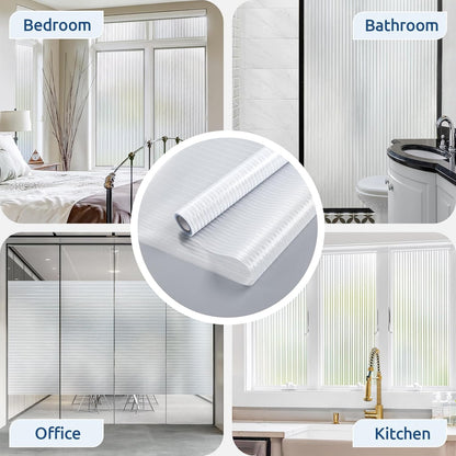 rabbitgoo Reeded Glass Window Privacy Film, Non Adhesive Frosted Glass Window Film, Static Cling, Removable, UV Heat Blocking, Anti-Glare, Decorative for Bathroom Living Room, 17.5 by 78.7 Inches