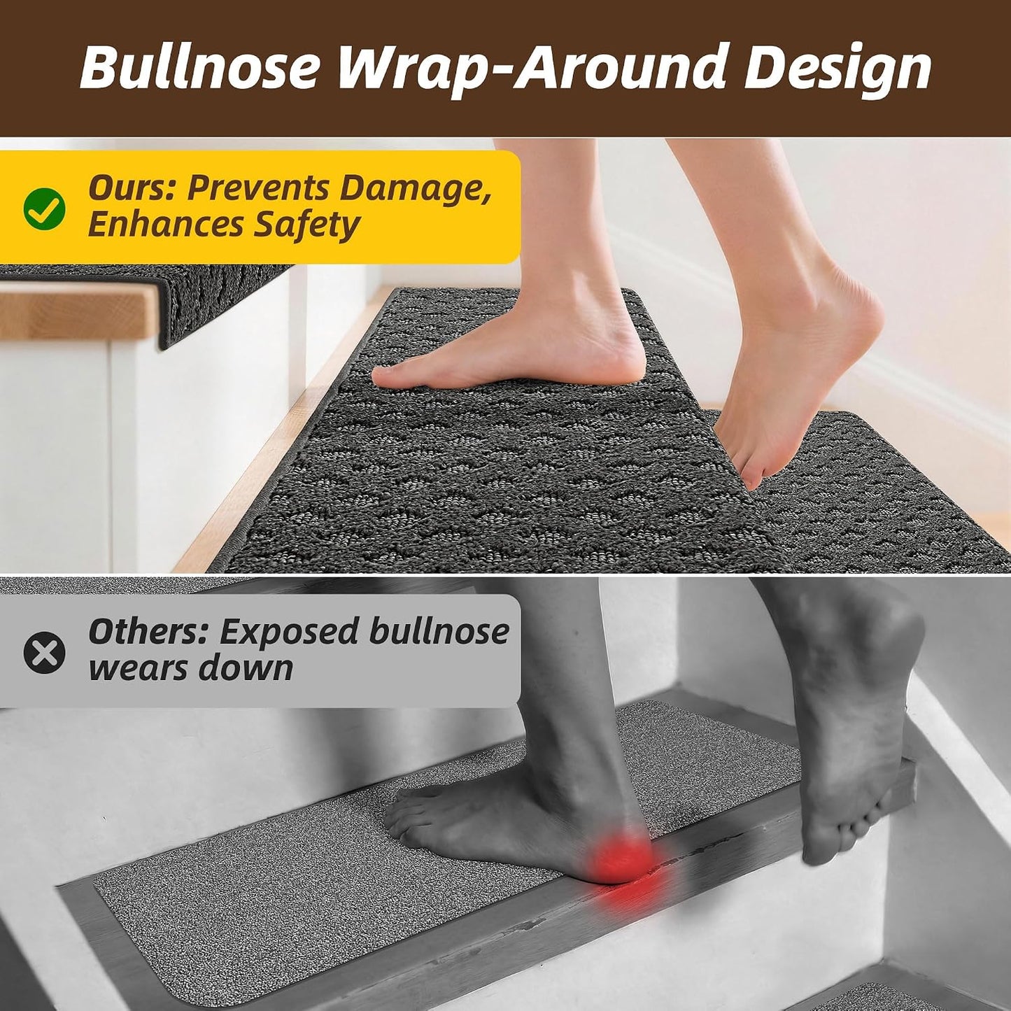 JSEI Bullnose Carpet Stair Treads, 14 Pcs Non Slip Stair Treads for Wooden Steps Indoor with TPE Backing, 11" x 30" Machine Washable Stair Runners with Edge Protection for Kids, Elders and Pets, Beige