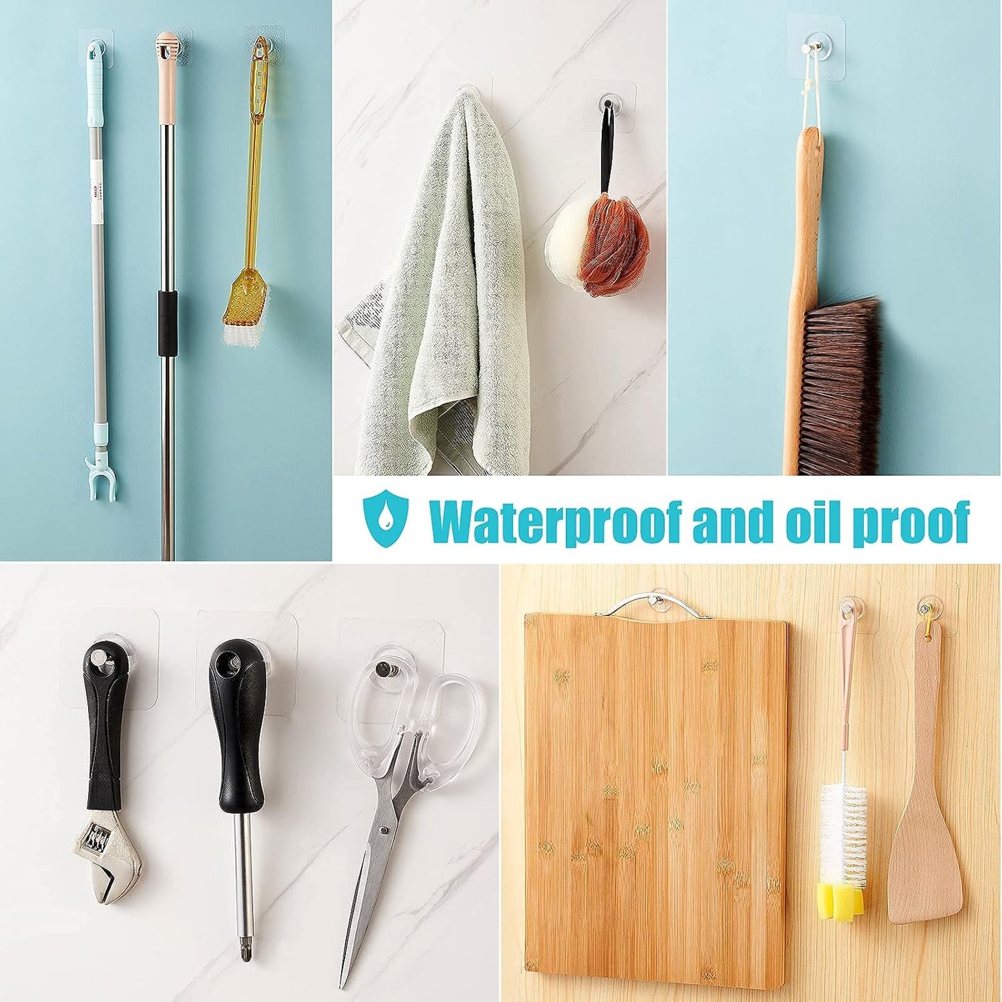 Reusable Adhesive Wall Hooks 13.5lbs(Max) Transparent , Waterproof and Oilproof For Bathroom Kitchen Heavy Duty 10 Pack