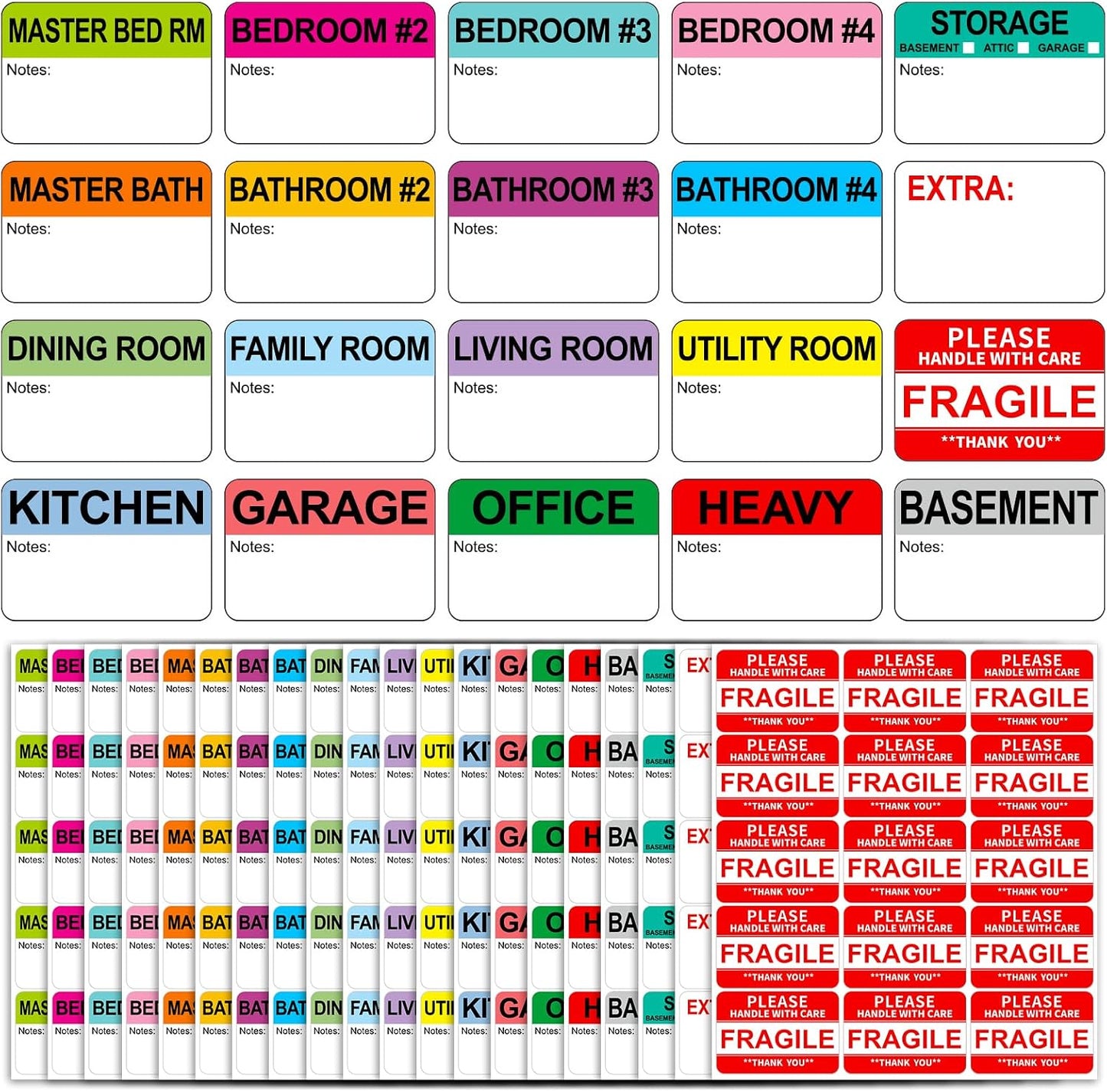 960 Count Moving Labels 14 Different Living Spaces with Fragile Stickers and Blank White Label Home Moving Color Coding Labels Moving Sticker for Storaging Packing Moving (16Rolls, 60/Roll)