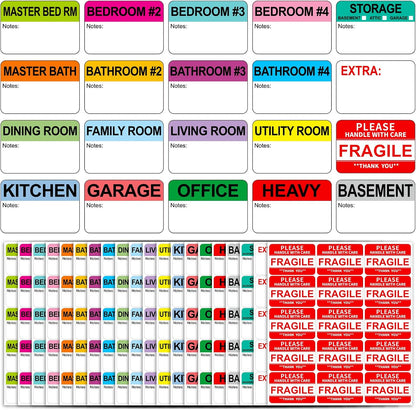 960 Count Moving Labels 14 Different Living Spaces with Fragile Stickers and Blank White Label Home Moving Color Coding Labels Moving Sticker for Storaging Packing Moving (16Rolls, 60/Roll)