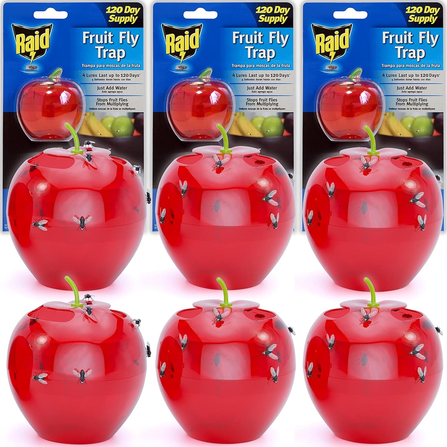 Raid Fruit Fly Trap Bundle, Set of 3 2-Pack Apple Fruit Fly Catcher Indoor Trap, 360-Day Supply of Fruit Fly Traps for Kitchen & Dining Areas, Reusable Gnat Traps w/Food-Based Lure for Fruit Flies