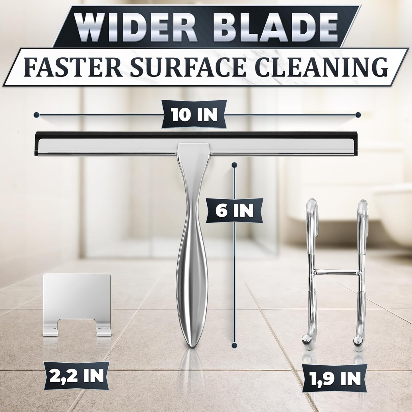 Shower Door Squeegee with Adhesive & Hanging Hooks, 12" Silicone Blade - Stainless Steel All-Purpose Squeegee for Shower Glass, Bathroom Mirror Cleaner Tool Suitable for Tile Walls - Multi-Surface Use