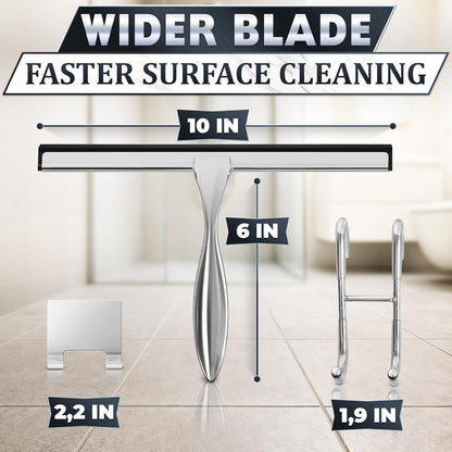 Shower Door Squeegee with Adhesive & Hanging Hooks, 12" Silicone Blade - Stainless Steel All-Purpose Squeegee for Shower Glass, Bathroom Mirror Cleaner Tool Suitable for Tile Walls - Multi-Surface Use