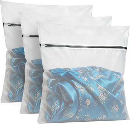 kinice Large Laundry Bag with Zipper Protective Cover, 3Pcs 23x23 Inches Garment Bag for Washing Machine, Mesh Laundry Bags for Delicates, Lingerie, Bras, Baby Clothes, Family College Dorm Essentials