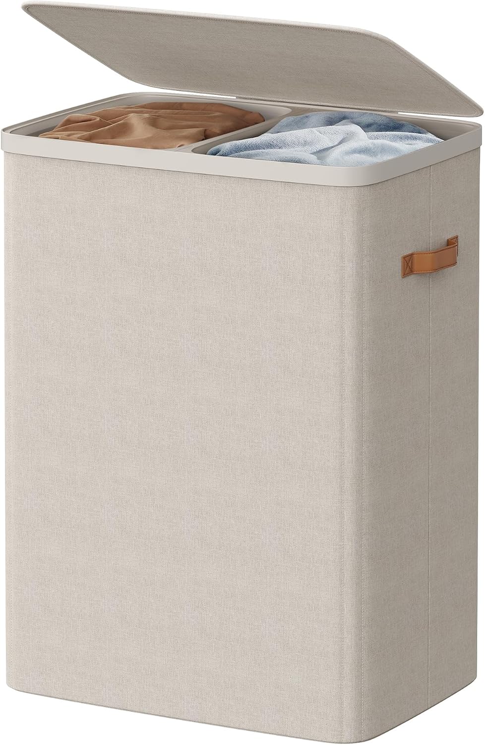 SONGMICS HOME Laundry Hamper with Lid, 2 Section Laundry Basket with Removable Liners and Handles, Foldable Clothes Sorter for Bedroom, Bathroom, Beige