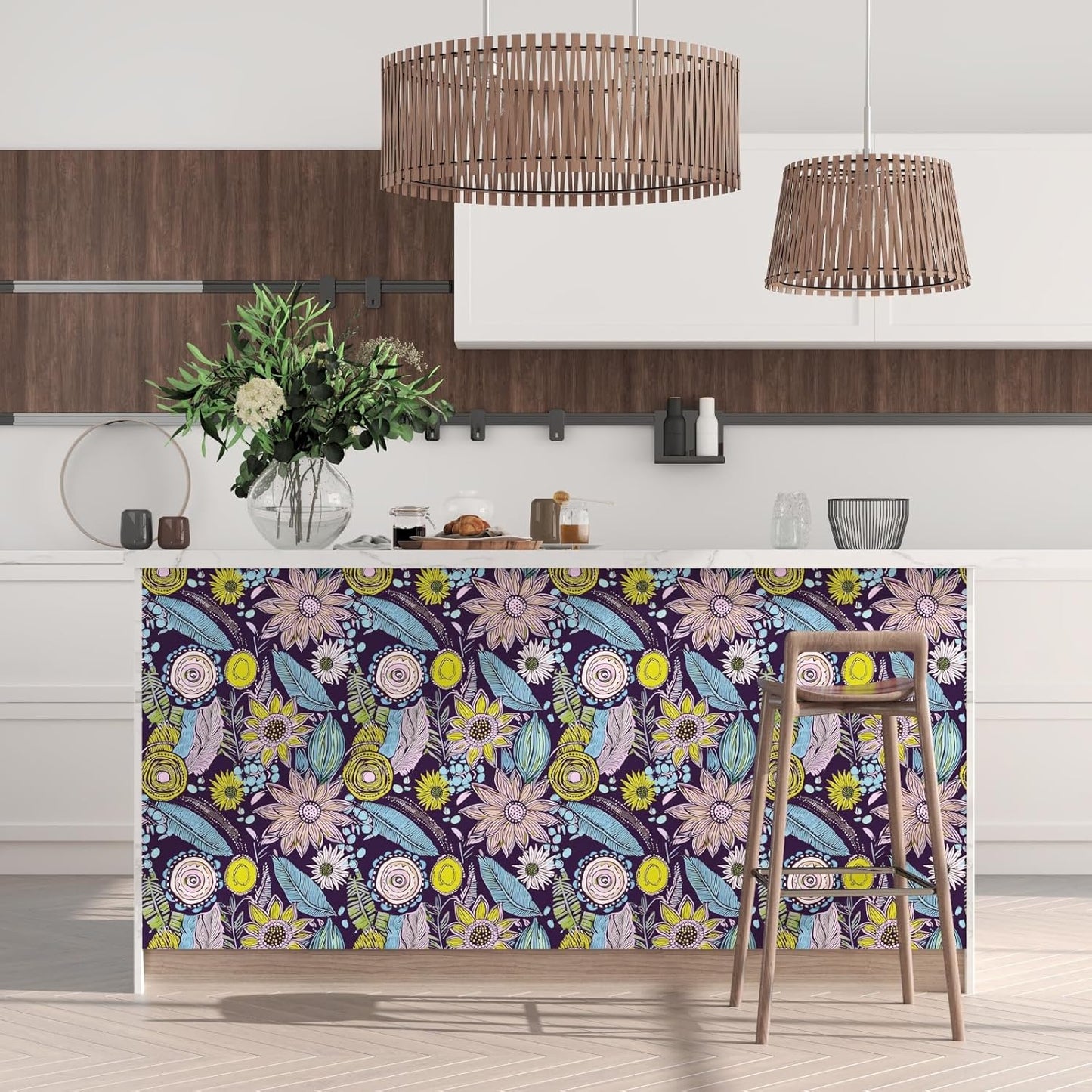 Blue Wallpaper Peel and Stick,Vintage Boho Floral Contact Paper 17.5" x 118", Retro Botanical Flower Wall Paper Self Adhesive Removable Waterproof for Walls Shelves Cabinet Table (Blue,Yellow, Green)