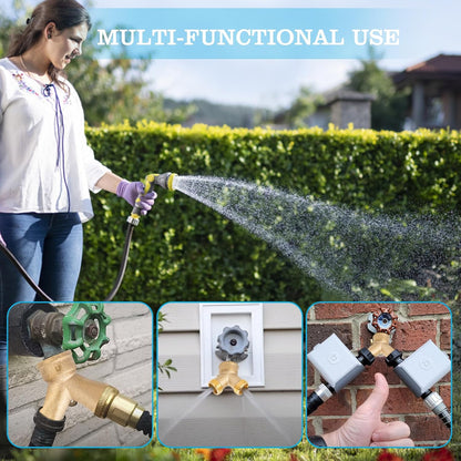 Solid Brass Lead-Free Body Backyard 2 Way Y Valve Garden Hose Connector MHT 3/4 Inch Thread Splitter Adapter,2 Silicone Hose Washers&1 Gasket with Screen&Teflon Tape