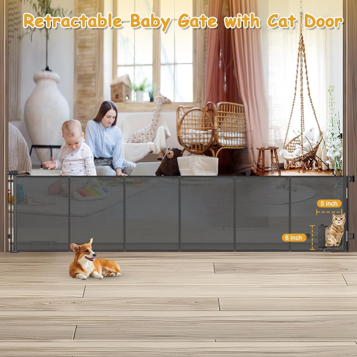 Reinforced 150” Extra Wide Pet Gate with Door 37 Inch Tall Retractable Dog Gates for Doorways Extra Wide Baby Gates for Large Openings with Reinforced Strips 12.5ft Large Dog Gate with Cat Door, White