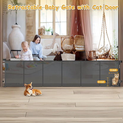 Reinforced 150” Extra Wide Pet Gate with Door 37 Inch Tall Retractable Dog Gates for Doorways Extra Wide Baby Gates for Large Openings with Reinforced Strips 12.5ft Large Dog Gate with Cat Door, White