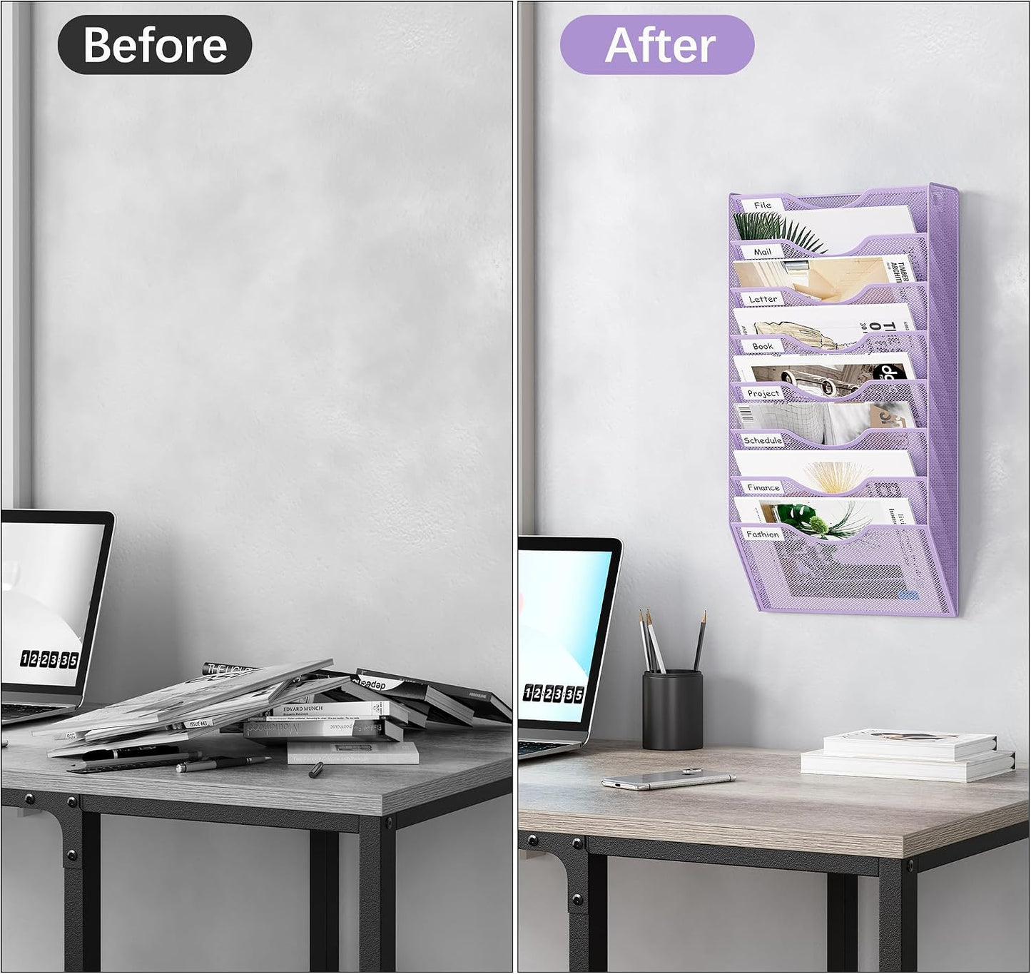 EasyPAG 5 Pocket Mesh Wall File Organizer with Key Hooks, Hanging Paper Folder Holder with Classify Label, Vertical Wall Mount Mail Organizer for Office Home Classroom, Black