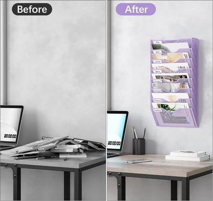 EasyPAG 5 Pocket Mesh Wall File Organizer with Key Hooks, Hanging Paper Folder Holder with Classify Label, Vertical Wall Mount Mail Organizer for Office Home Classroom, Black