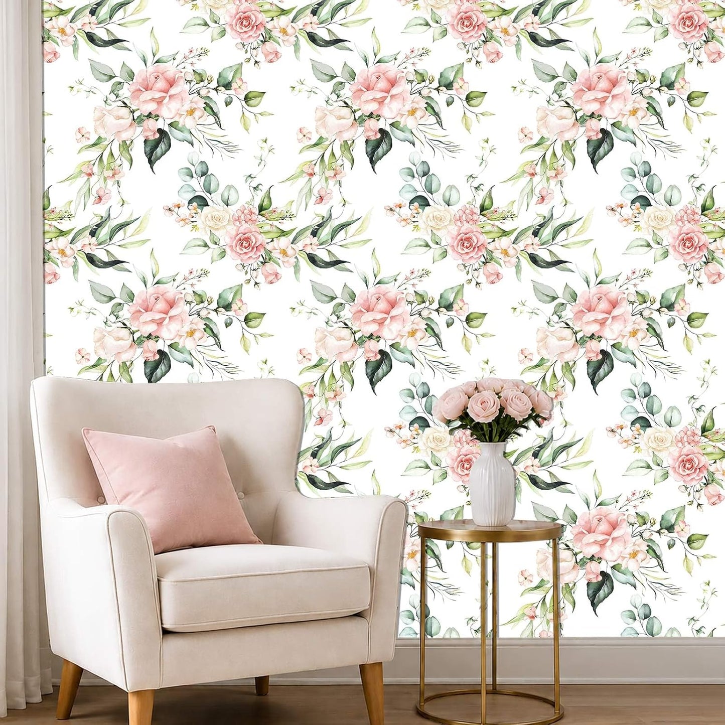 Pink Floral Peel and Stick Wallpaper Self Adhesive Removable Thick Vinyl Watercolor Botanical Flower Accent Wall for Bedroom Bathroom Living Room Renter Friendly 17.7" x 118"