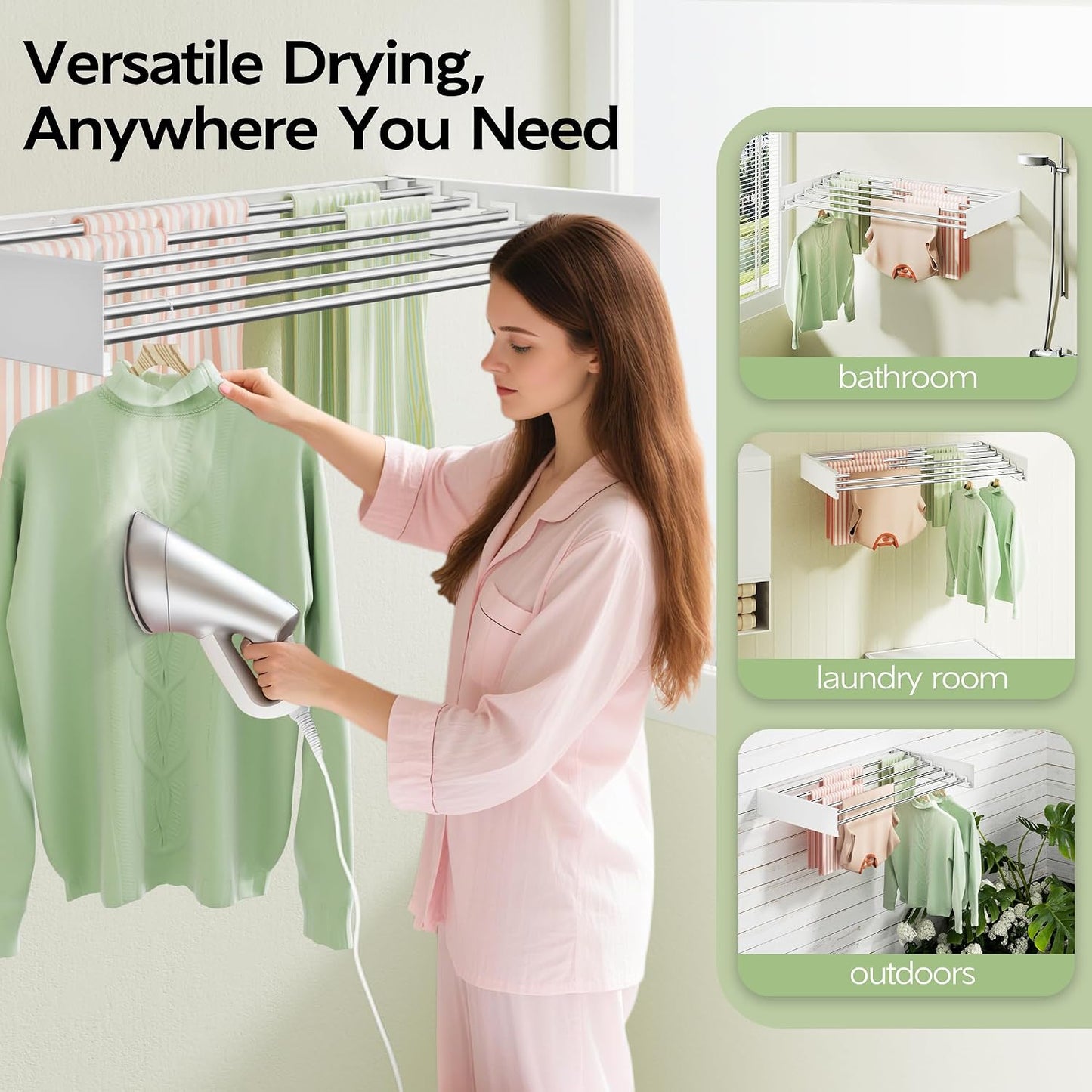 Vikaqi Wall Mounted Clothes Drying Rack 32", Foldable Wall Mount Laundry Rack Folding Indoor, Drying Rack Clothing Collapsible, Hidden Space Saver with Wall Template, 5 Rods, White
