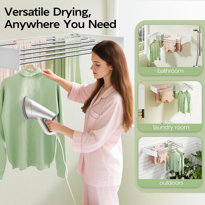Vikaqi Wall Mounted Clothes Drying Rack 32", Foldable Wall Mount Laundry Rack Folding Indoor, Drying Rack Clothing Collapsible, Hidden Space Saver with Wall Template, 5 Rods, White