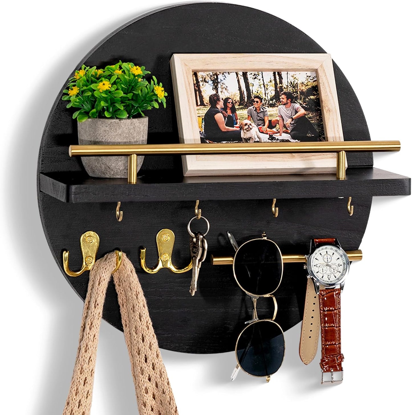 dreampossible Key Holder for Wall Decorative with Shelf and Hooks, Mail Organizer Wall Mount, Circular Design Entryway Key Rack Hanger, Rustic Home Decor (Black)