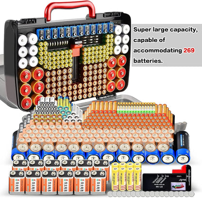 Battery Organizer Storage Case with Tester for 269 Batteries, Double Sides | Plastic, For AA AAA 4A C D Cell 9V 3V LR44 CR2 CR123 CR1632 18650 Button, Wall/Drawer, For Families/DIY/Home/Garage, Grey