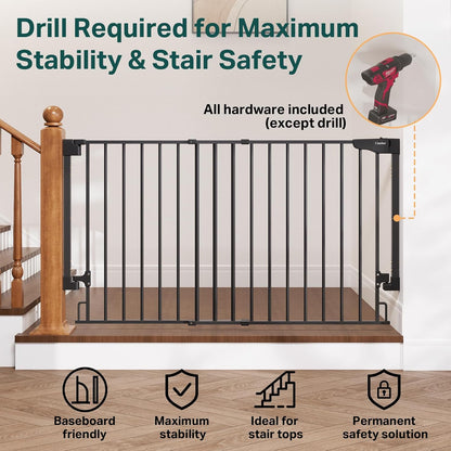 Cumbor 29.2–43" Baby Gate for Stairs, Hardware Mounted (Drill Required), Expandable No Bottom Bar Dog Gate, Auto Close Extra Wide Walk Thru, Pet & Toddler Proof Gate, Top & Bottom of Stairways (White)