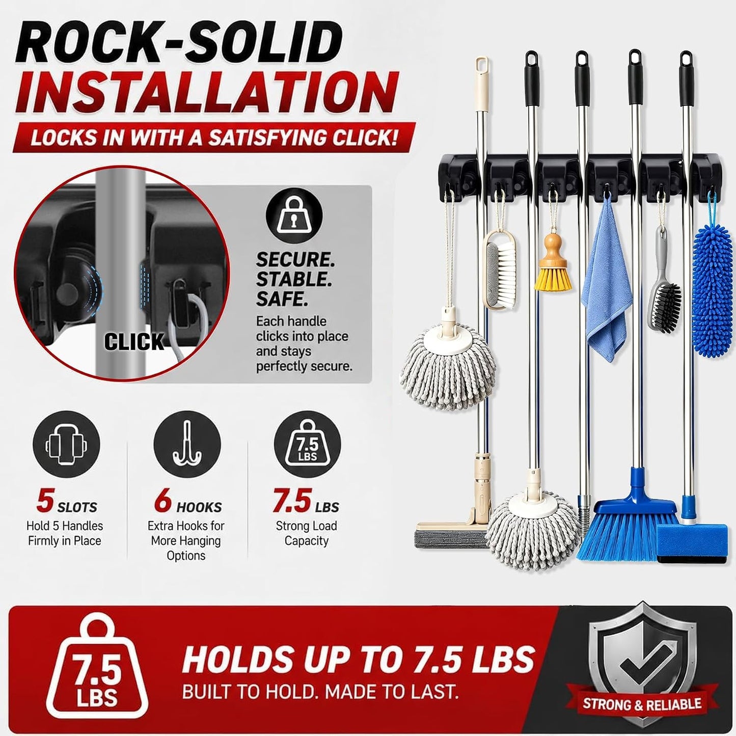 HYRIXDIRECT Broom Hanger Wall Mount, Broom and Mop Organizer Wall Hanging for Garage and Laundry Room