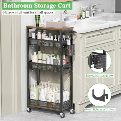 4 Tier Slim Rolling Storage Cart, Laundry Room Cart on Wheels, Small Metal Bathroom Cart Kitchen Organizer Trolley with Handle and Mesh Basket, 7.1 inch Width for Narrow Space, Black