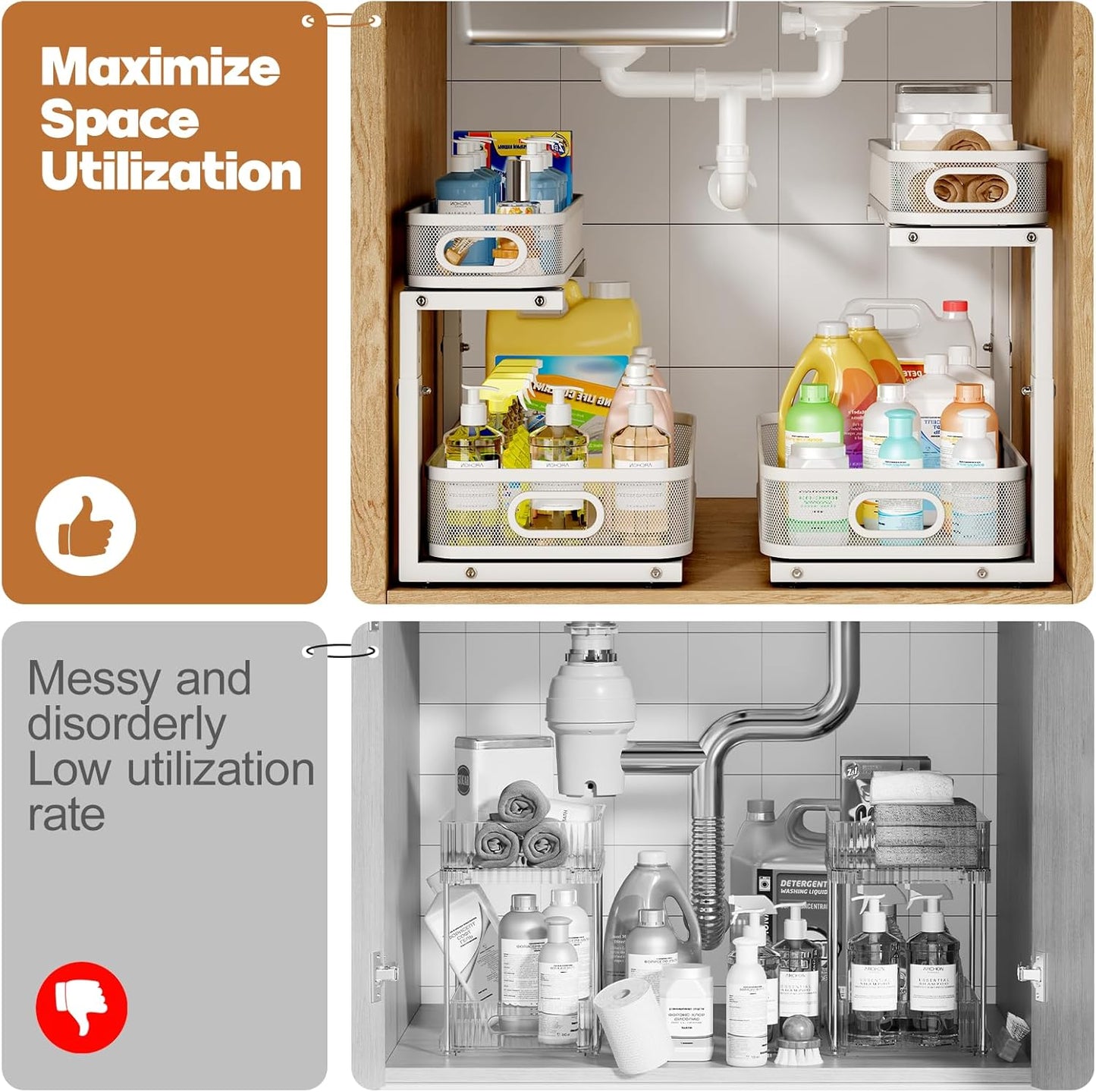 2 Pack Under Sink Organizer With Smooth Cylindrical Rail,2-Tier Pull Out Multi-Purpose Cabinet Storage for Bathroom&Kitchen,Height Adjustable,Rust-resistant Coating-White