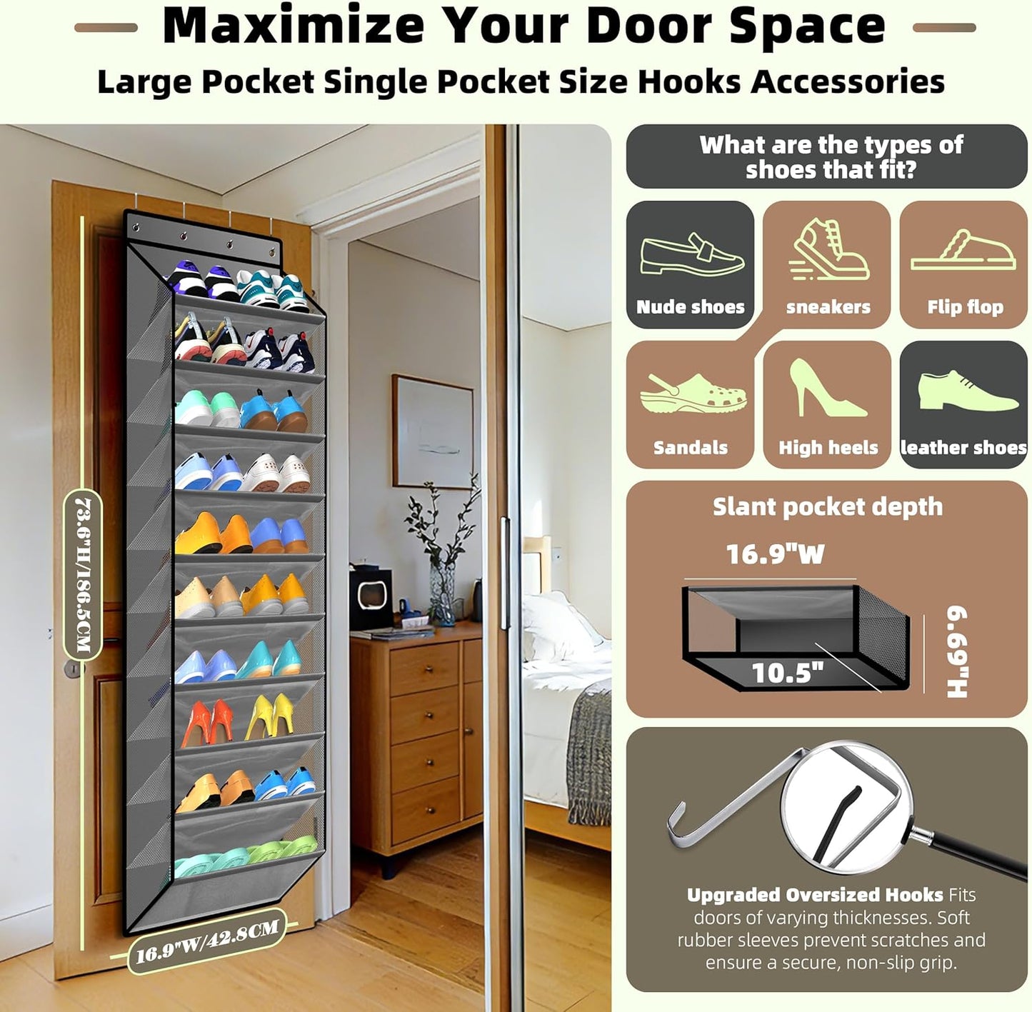 PAULONE 10-Pocket Multi-Use Over the Door Organizer, Heavy Duty 95lbs Capacity with Breathable Mesh, Versatile Hanging Storage for Shoes, Toys, Office Supplies-Classic (Black, 10-Shelf,)