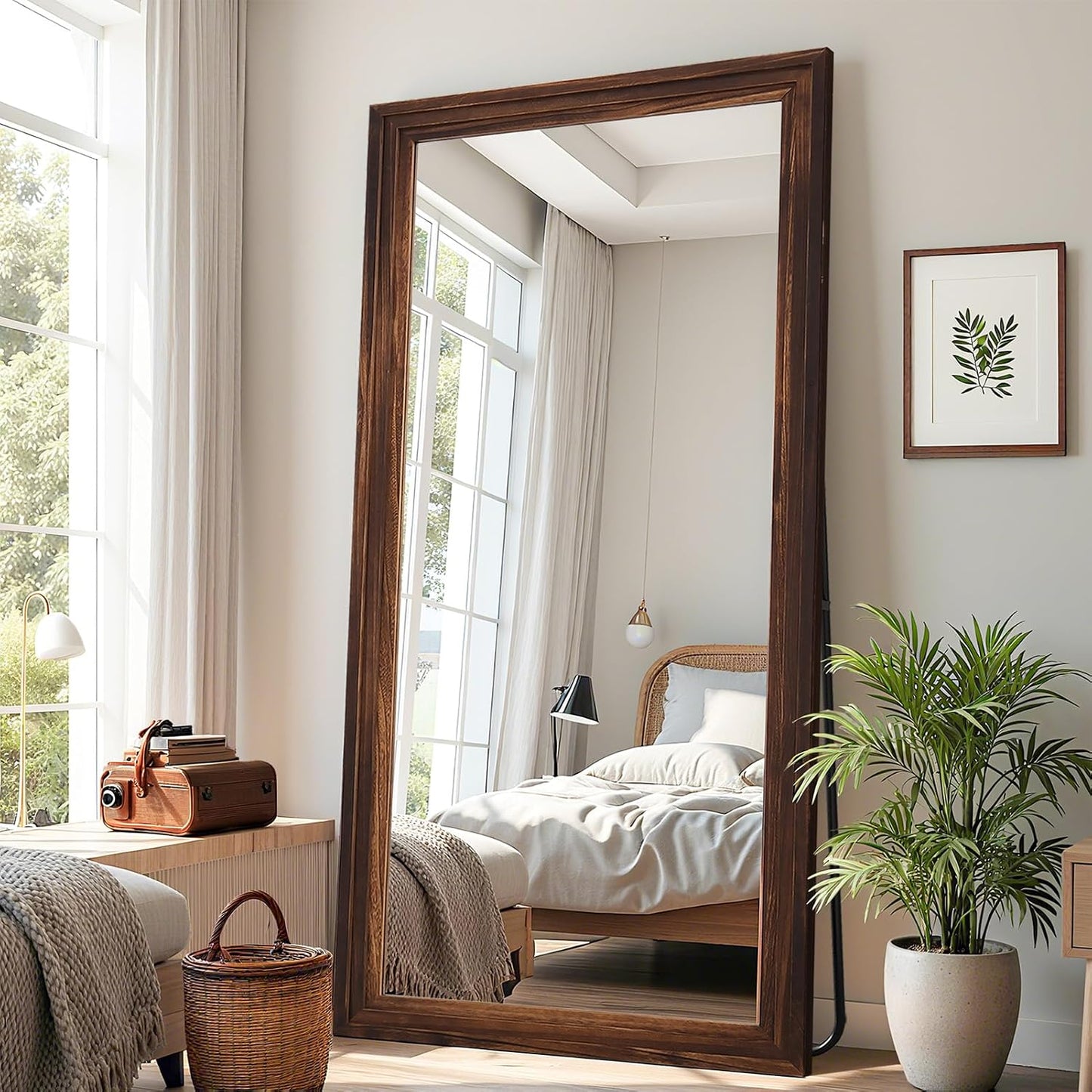 Antok Full Length Mirror with Solid Wood Frame, 71"×32" Wall Mounted Oversized Floor Mirror with Stand, Leaning Standing Hanging for Bedroom Living Room Entryway, Walnut, Arched Syle