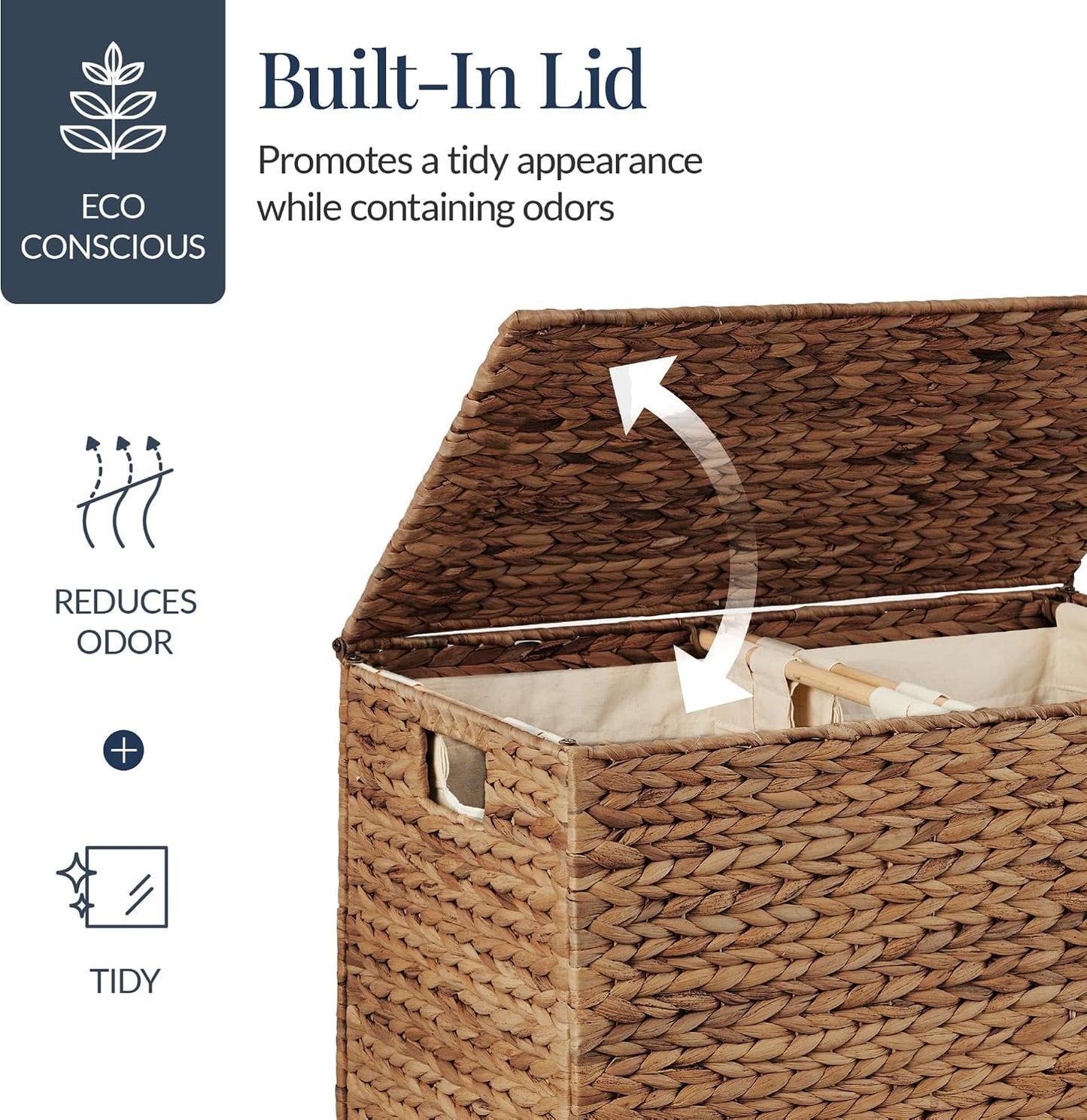 Best Choice Products Large Double Laundry Hamper with Lid, Natural Handwoven Water Hyacinth, 2 Sections w/ 2 Machine Washable Linen Liner Bags, Portable, Handles - Natural