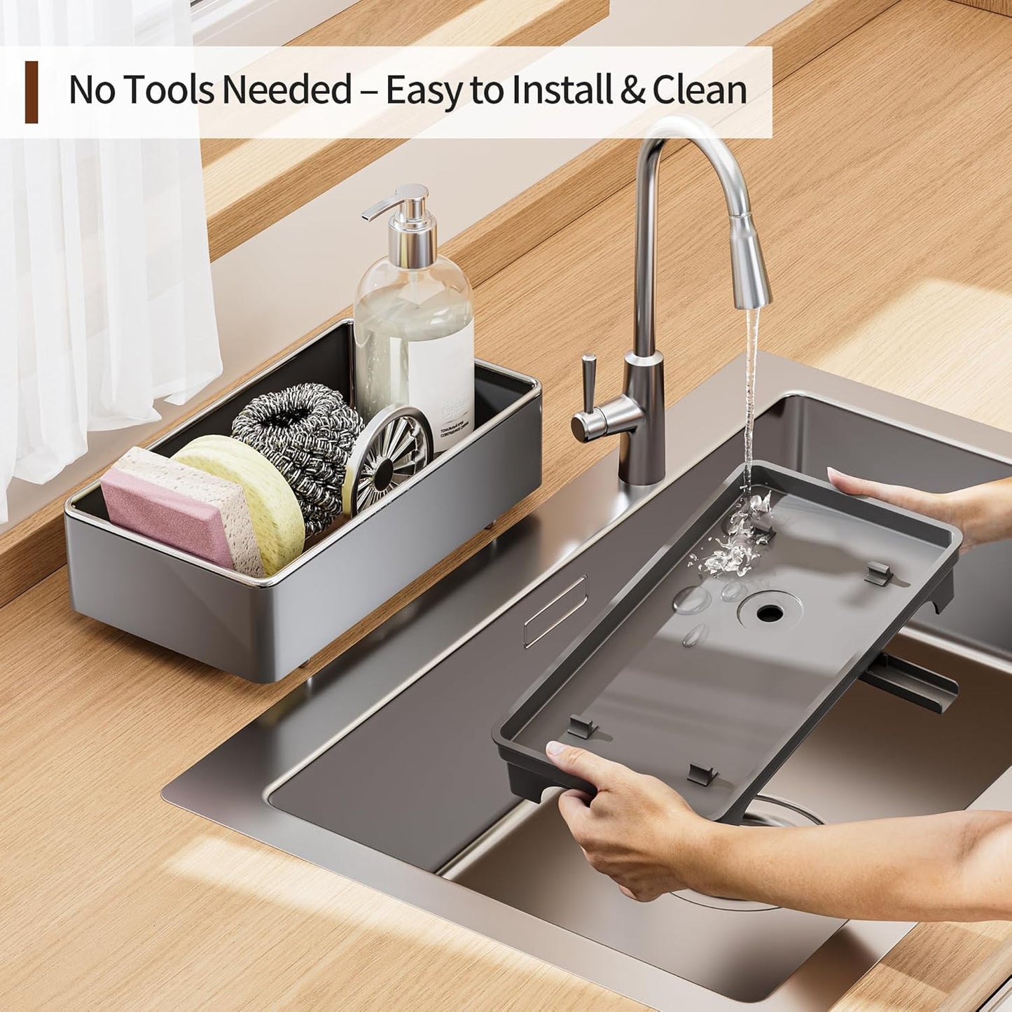 MOUKABAL Sponge Holder for Kitchen Sink – Rustproof Stainless Steel, 360° Rotating Drain Pipe, Large Counter Organizer with Drip Tray for Sponges, Brushes & Dish Cloths Black