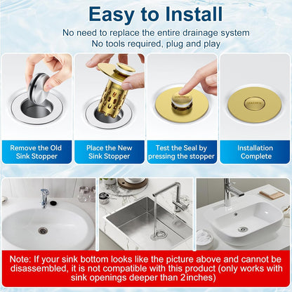 Bathroom Sink Drain Strainer,All Metal Pop-Up Sink Stopper with Removable Stainless Steel Filter Basket, Universal Bathroom Hair Catcher Fit for 1.1-2.36'' Drain (Silver, 2 Pack)